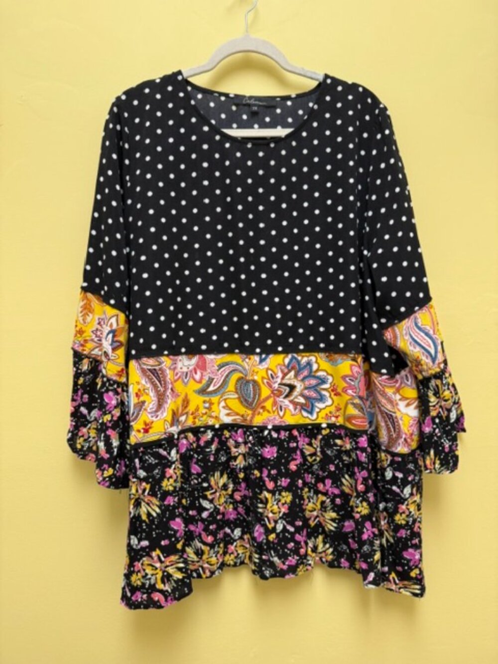 Calessa Bohemian Tunic 2XL Womens Black Dot with Patchwork pattern